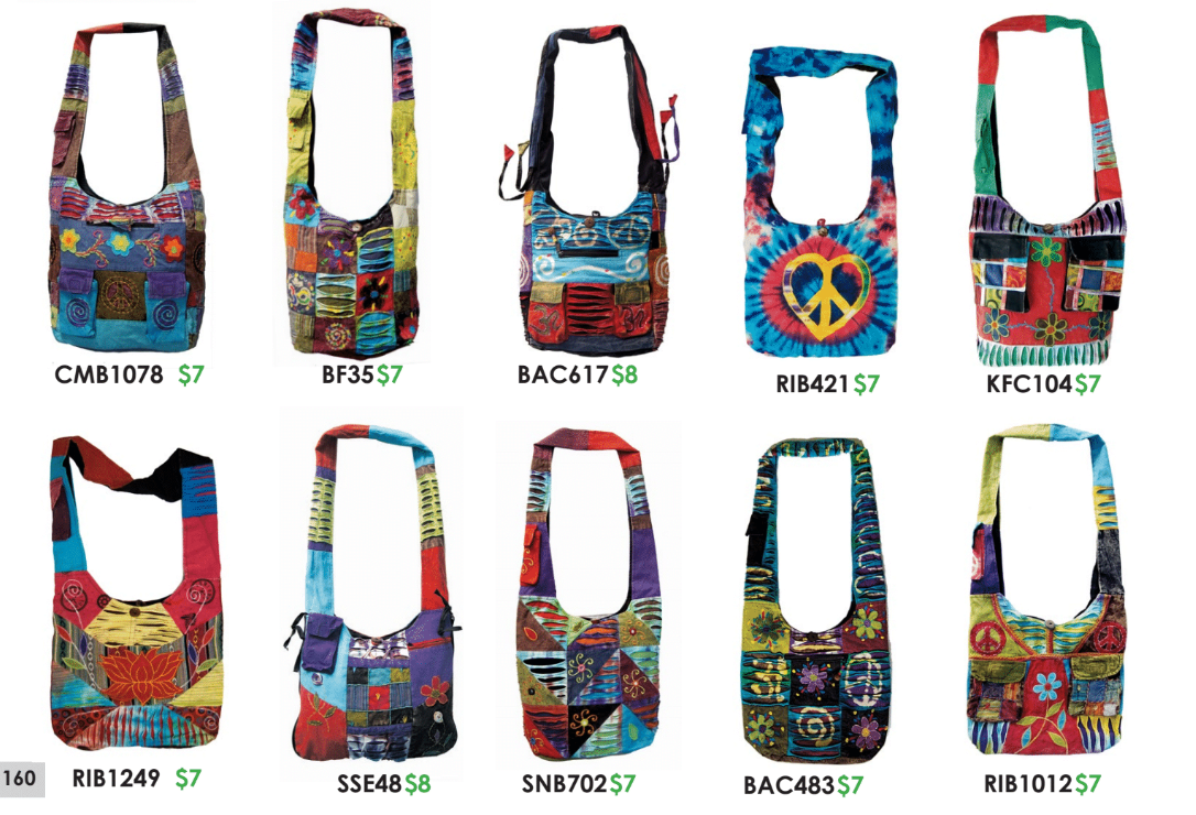 Wholesale hand bags. Crossbody Hippie Hobo Handbag Purse. Peace sign, razor cut, shredded, tie dye, ohm symbol.