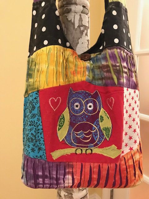 Owl bag. Crossbody Hippie Hobo Handbag Purse. Peace sign, razor cut, shredded, tie dye, ohm symbol.