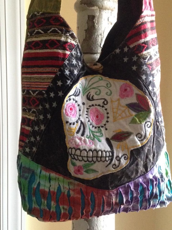 Sugar Skull. Crossbody Hippie Hobo Handbag Purse. Peace sign, razor cut, shredded, tie dye, ohm symbol.Crossbody Hippie Hobo Handbag Purse